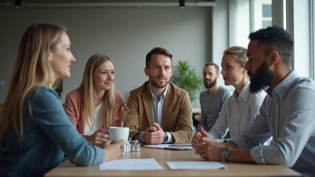 Twee professionals in kalm gesprek, constructieve communicatie in werkplekruimte